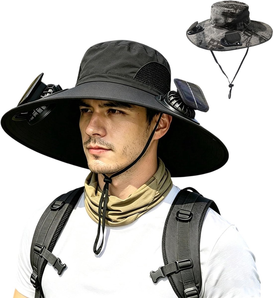 Casalora® Zonnehoed Met 2 Solar Ventilatoren – Brede Rand Bucket Hat Met UPF 50+ UV Bescherming – Zonnehoed Met Ingebouwde Ventilator Voor Heren & Dames – Ideaal Voor Vissen, Strand En Outdoor Activiteiten