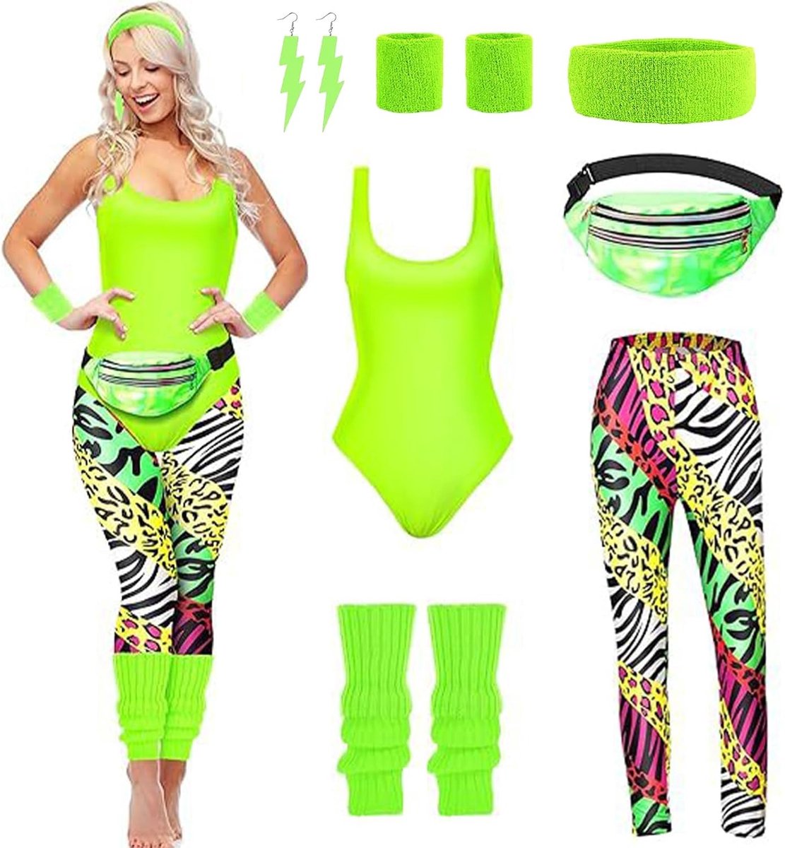 Vrouwelijk 80s en 90s Kostuum met Neon Accessoires, Leggings en Heuptas voor Feestjes en Thema-avonden