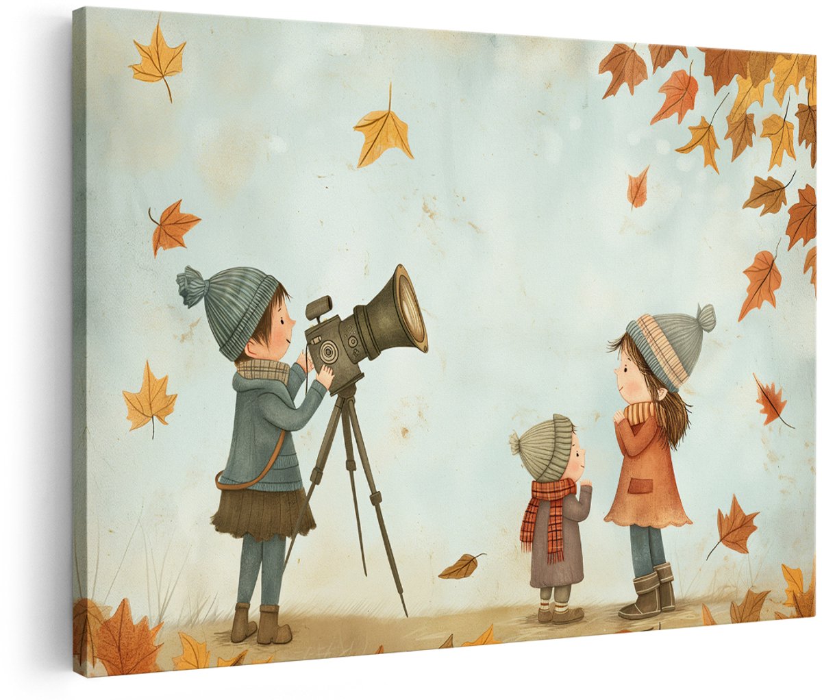 Artaza Canvas Schilderij Kinderen Met Camera - 150x100 cm - Groot - Wanddecoratie Kinderkamer - Muurdecoratie Herfst - Vintage Illustratie Jongenskamer