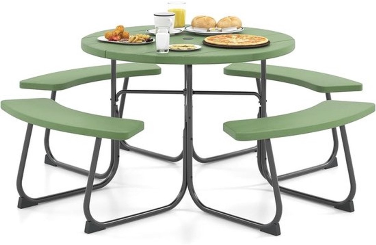 Picknicktafelset voor 8 Personen | Weerbestendig en Met Parasolgat | Ronde Tuintafel met Banken