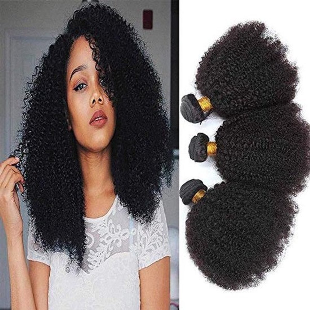 Natuurlijke Zwarte Kinky Krullend Haar Weave - 3 Bundels van 100% Onverwerkt Braziliaans Haar (14, 16, 18 inch)