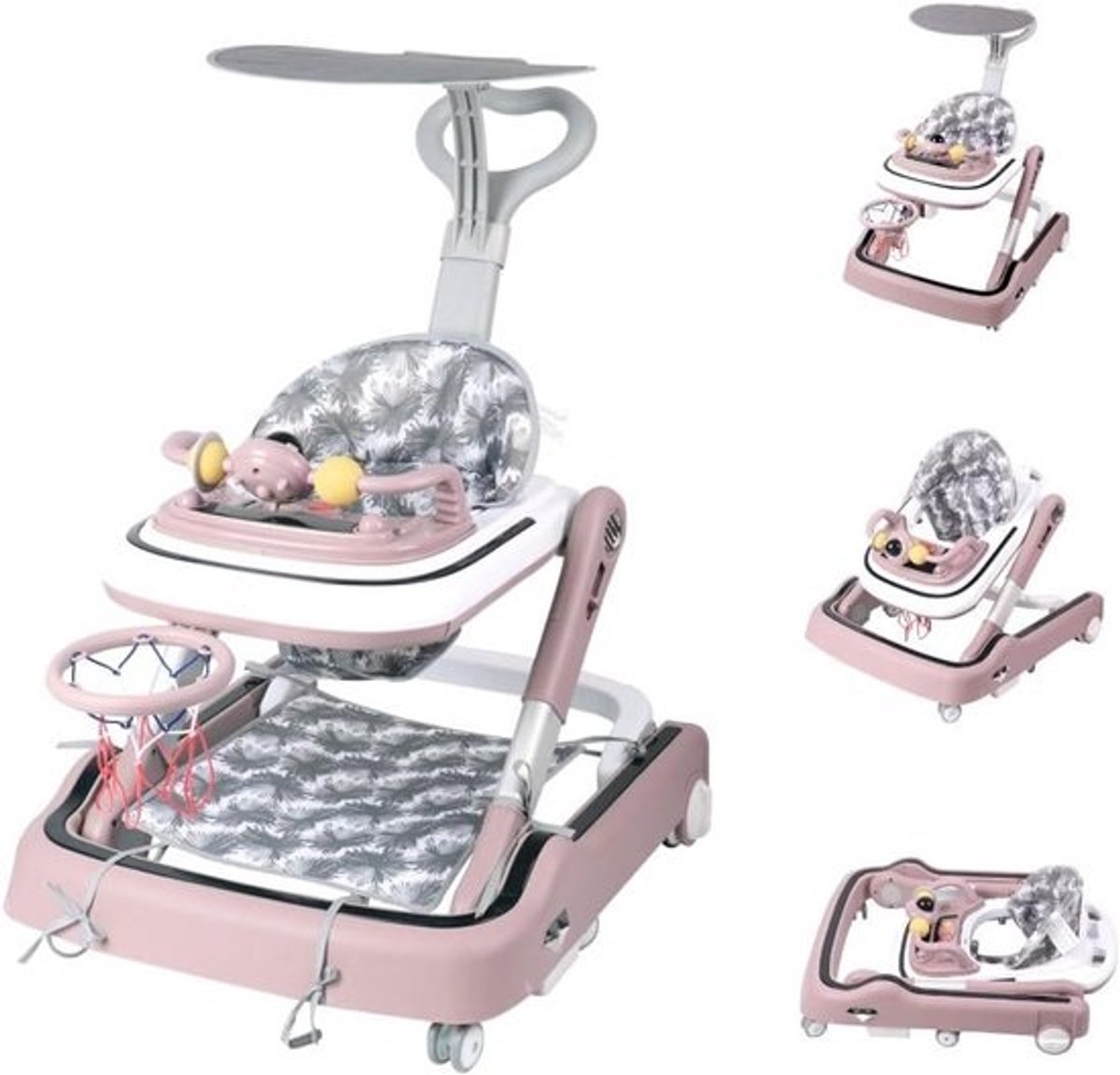 5-in-1 Loopwagen Baby met Schommel, Activiteitencentrum en Eettafel, Inhoogte Verstelbaar