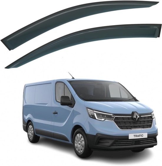 Deux déflecteurs de vent courbés gris foncé au-dessus d'une camionnette bleue Renault Trafic.