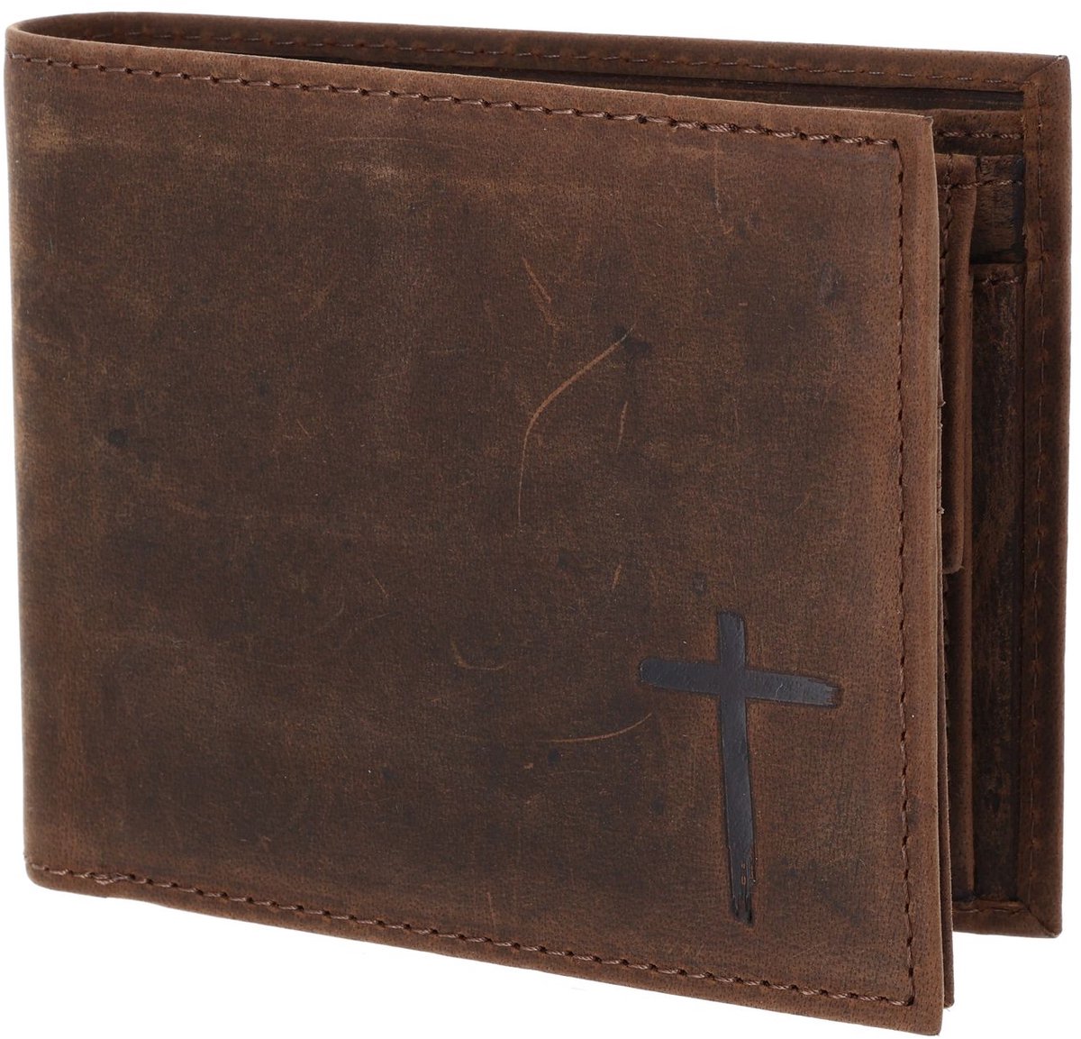 oxmox Leren portemonnee Leather RFID Protect Querscheinbörse Freedom Cross Embossed Vintage Dark Brown donkerbruin