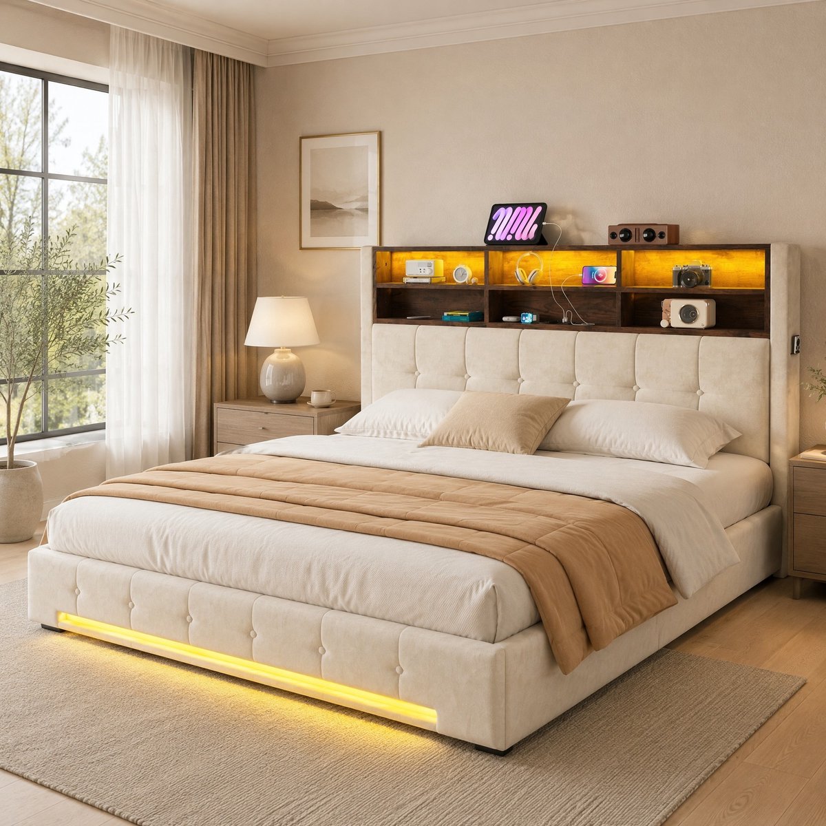 Bedframe 180 x 200 cm – Met Opbergruimte, LED en USB-C – Stof en Metaal – Beige – Voor Slaapkamer