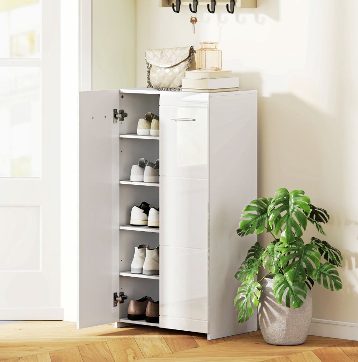 DESMIU Schoenenkast - Glanswit Staand Rek Met Verstelbare Planken - Voor Hal En Gang - Spaanplaat - 55 X 36 X 108 Cm