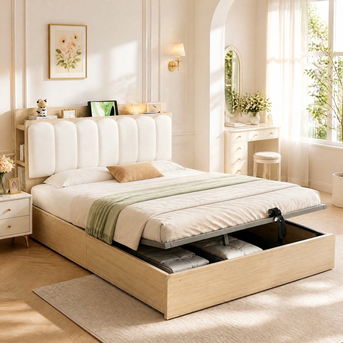 Bedframe Met Opbergruimte – 140 x 200 cm – Hydraulisch – Hout – Natuurlijk Hout – Gepolsterd Hoofdbord