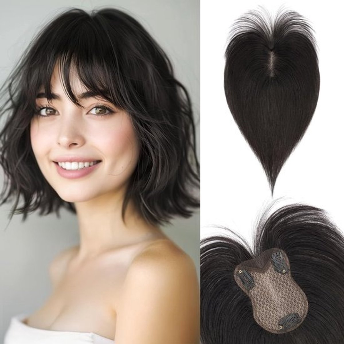 Haartopper met Pony voor Vrouwen - Dubbellaags Menselijk Haar, 360° Dekking, Natuurlijk Volume, 28 cm, Zwart