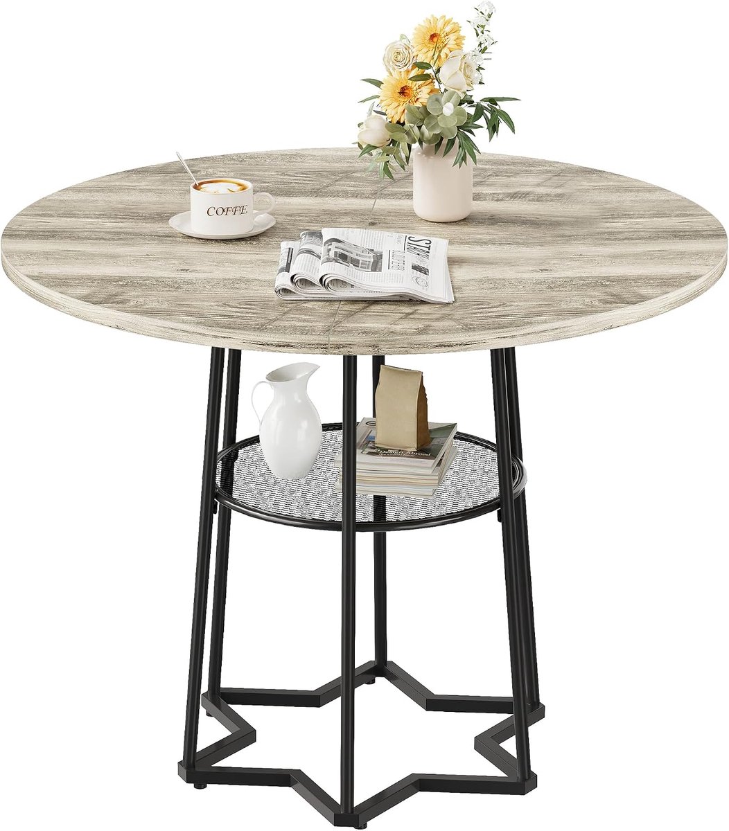 Ronde Eettafel 98 cm - Eettafel voor 4 Personen - Modern Hexagon Onderstel - Houtlook met Handig Opbergnet - Industrieel & Farmhouse Design