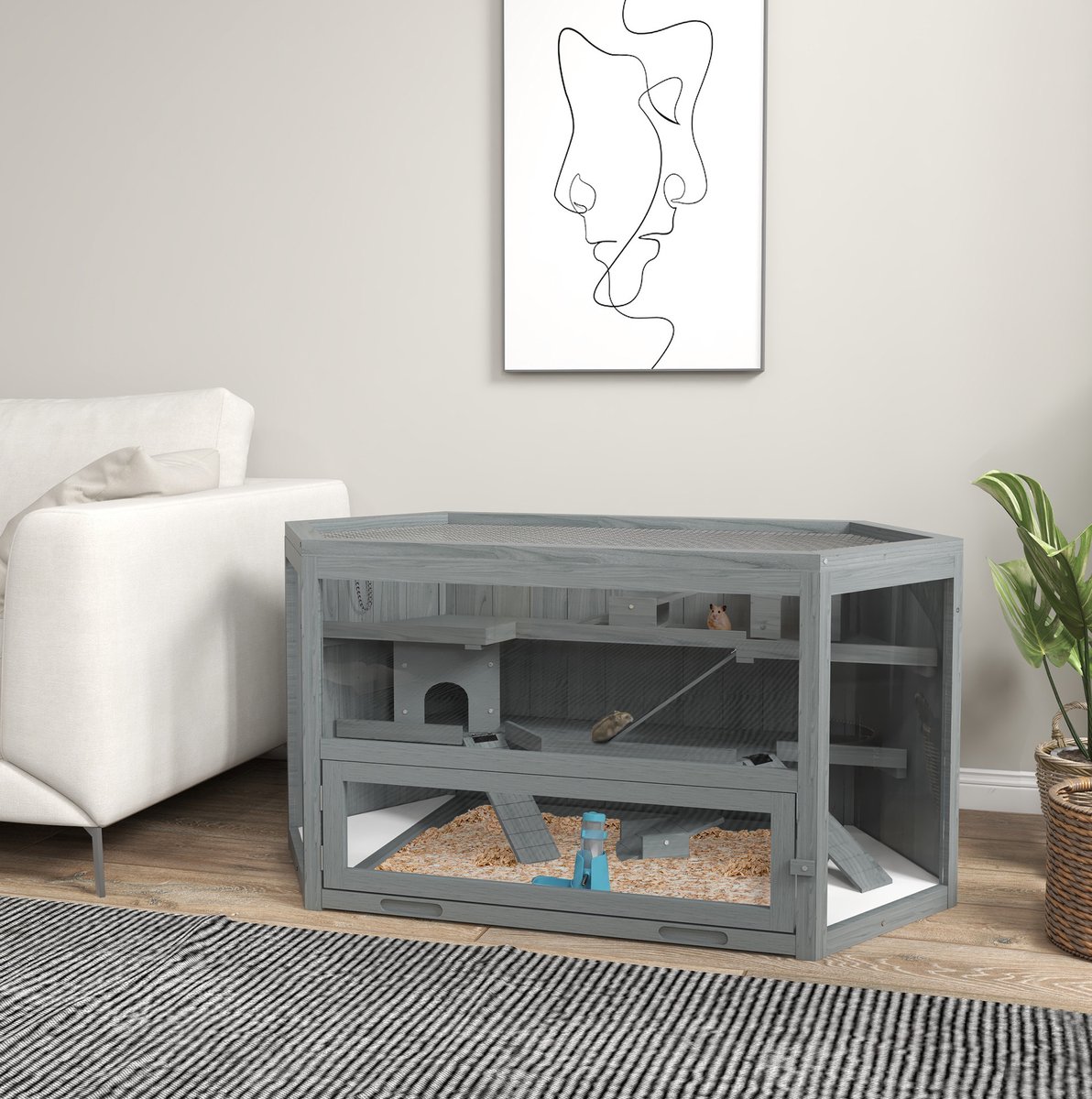 MODFU - Knaagdierkooi - 3 Etages - Zeshoekig - Klapdak - Hout - Grijs - 115 X 60 X 55 Cm
