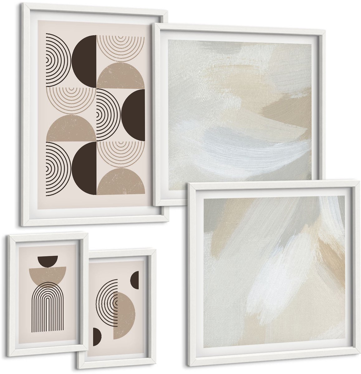 Wallfluent 5-Delige Schilderij Set - Abstracte Geometrische Vormen In Ingetogen Kleuren - 50 x 50 cm, 20 x 30 cm En 40 x 60 cm - Stijlvolle Wanddecoratie - Interieur - Muurdecoratie