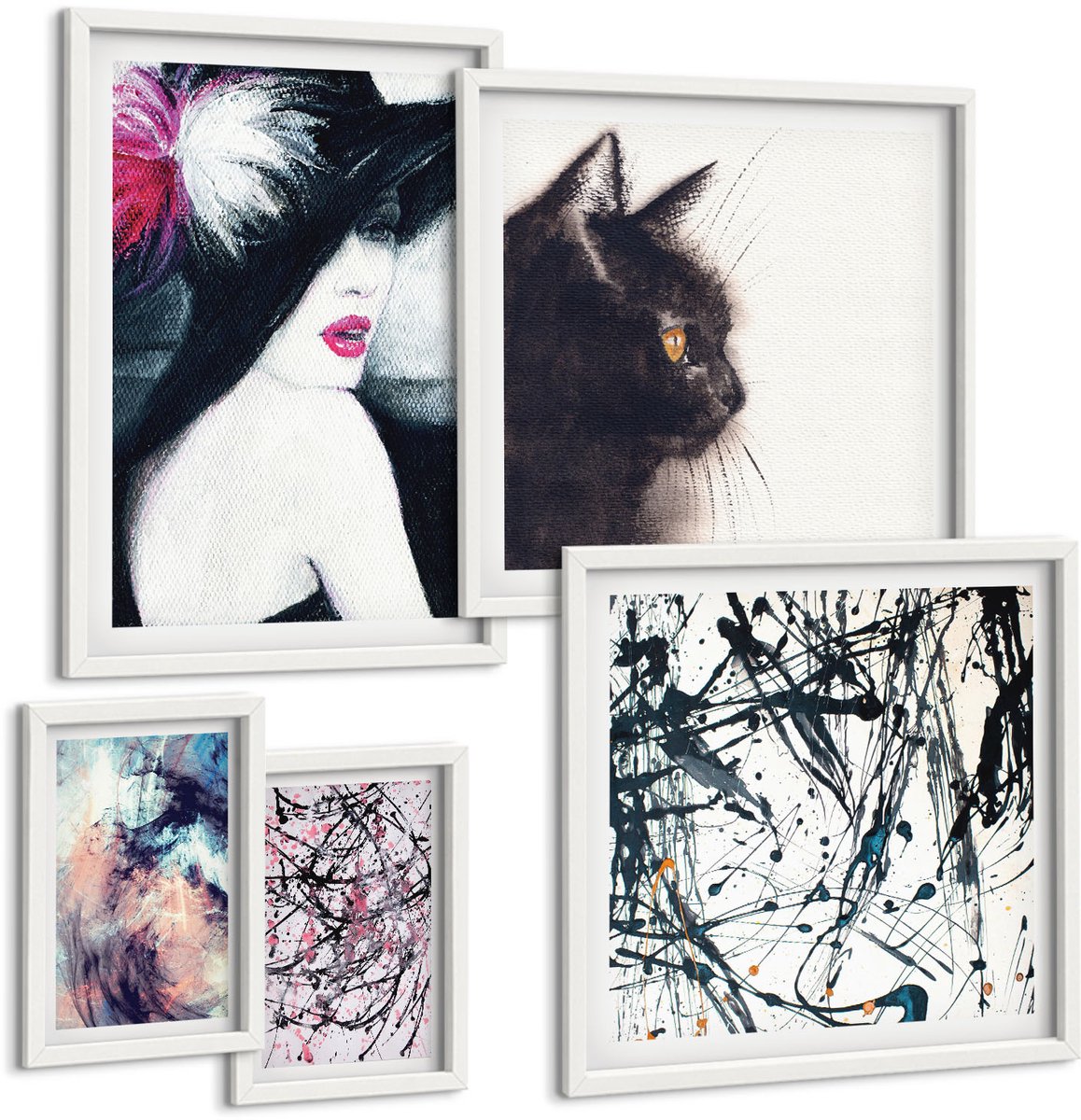 Wallfluent 5-Delige Schilderij Set - Stijlvolle Portretten En Abstracte Kunstcomposities - 50 x 50 cm, 20 x 30 cm En 40 x 60 cm - Decoratieve Schilderijen - Wanddecoratie - Hal
