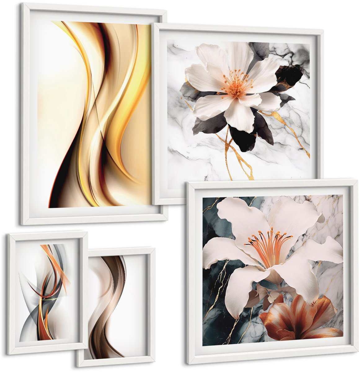 Wallfluent 5-Delige Schilderij Set - Stijlvolle Abstracte Composities Met Bloemmotieven - 50 x 50 cm, 20 x 30 cm En 40 x 60 cm - Schilderijen Set - Wanddecoratie - Woonkamer - Decoratieve Schilderijen