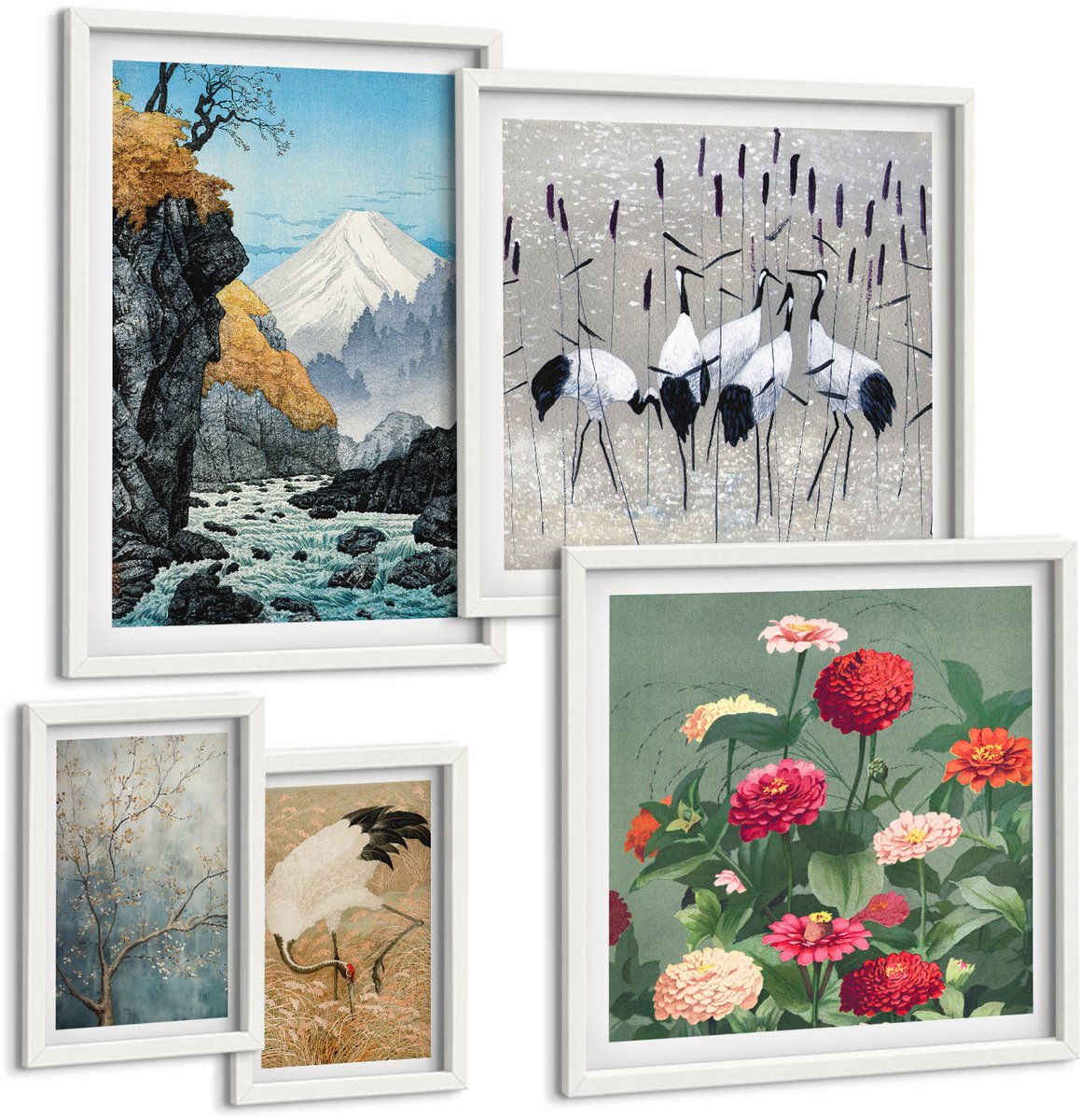 Wallfluent 5-Delige Schilderij Set - Natuurlandschappen Met Bloemen En Vogels In Japanse Stijl - 50 x 50 cm, 20 x 30 cm En 40 x 60 cm - Moderne Wanddecoratie - Slaapkamer - Woonkamer Decoratie