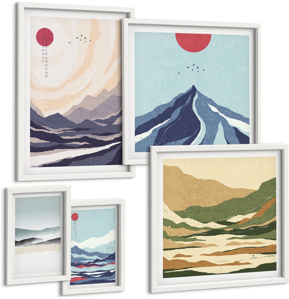 Wallfluent 5-Delige Schilderij Set - Abstracte Berglandschappen Met Minimalistische Motieven - 50 x 50 cm, 20 x 30 cm En 40 x 60 cm - Wanddecoratie - Moderne Interieurdecoratie - Stijlvolle Muurdecoratie