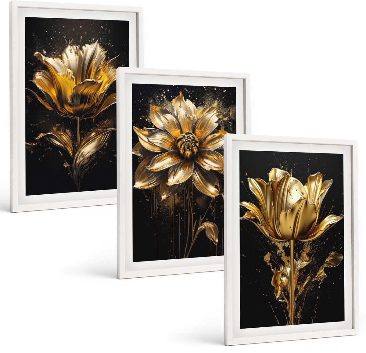 Wallfluent 3-Delige Schilderij Set - Bloemen In Verschillende Tinten Geel Op Een Donkere Achtergrond - 40 x 60 - Wanddecoratie - Muurdecoratie - Moderne Interieurdecoratie