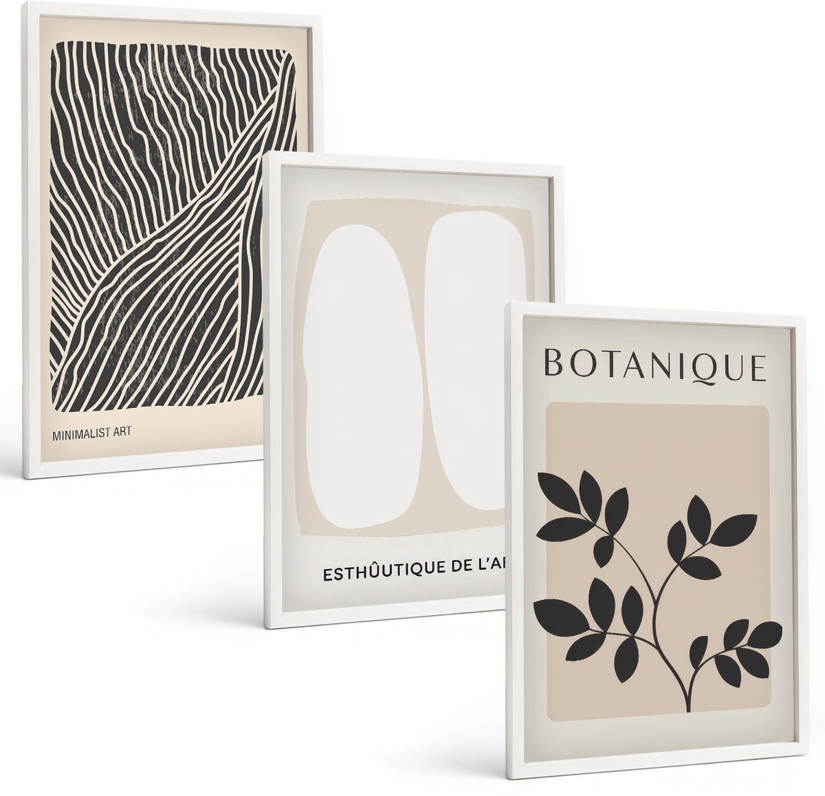Wallfluent 3-Delige Schilderij Set - Bloemenpatronen En Minimalistische Lijnen In Neutrale Kleuren. - 40 x 60 - Wanddecoratie - Woonkamer Decoratie - Muurdecoratie