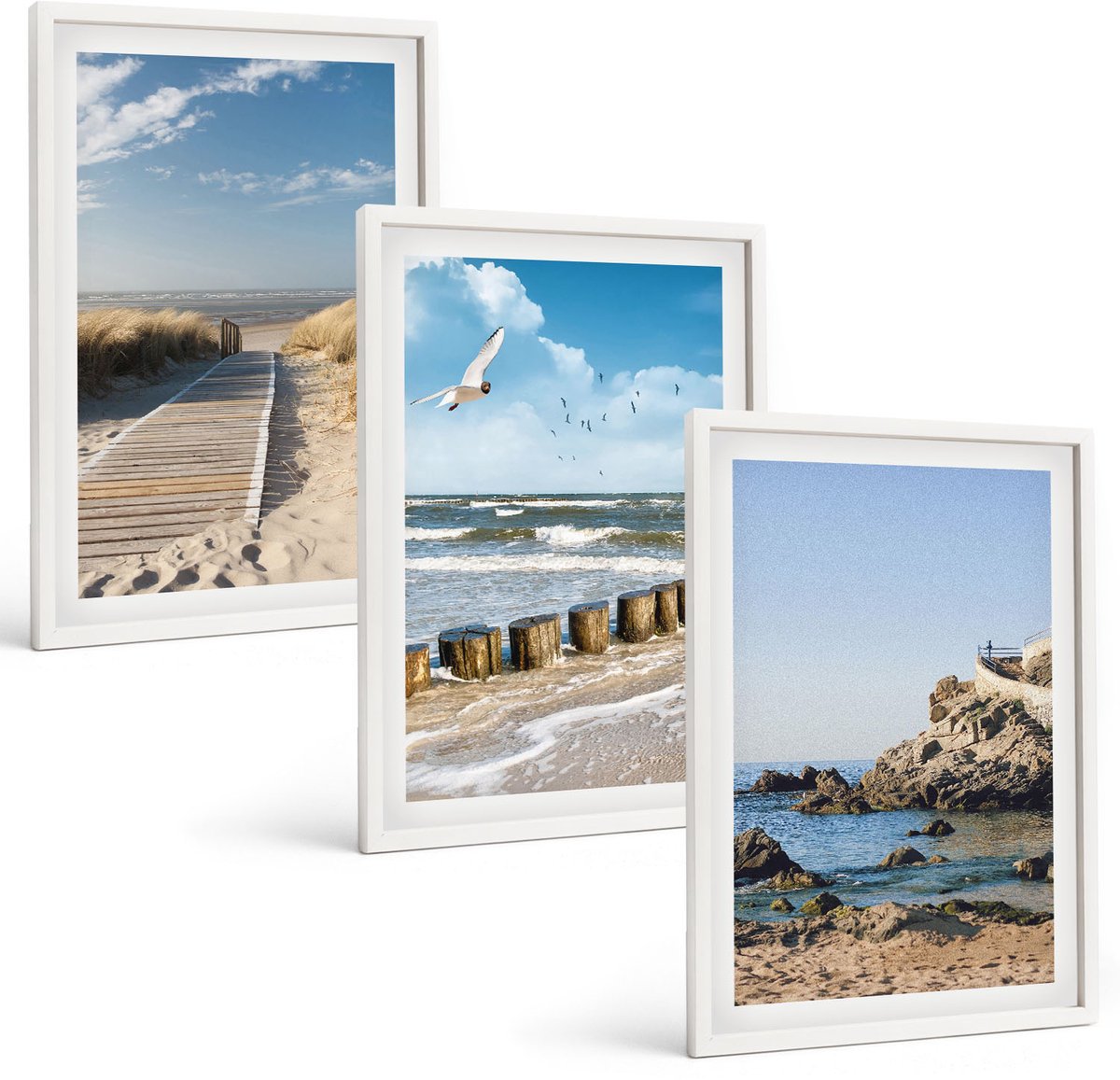 Wallfluent 3-Delige Schilderij Set - Strand Met Een Houten Pad, Zee En Kliffen Aan Zee. - 40 x 60 - Wanddecoratie - Muurdecoratie - Woonkamer - Moderne Wanddecoratie