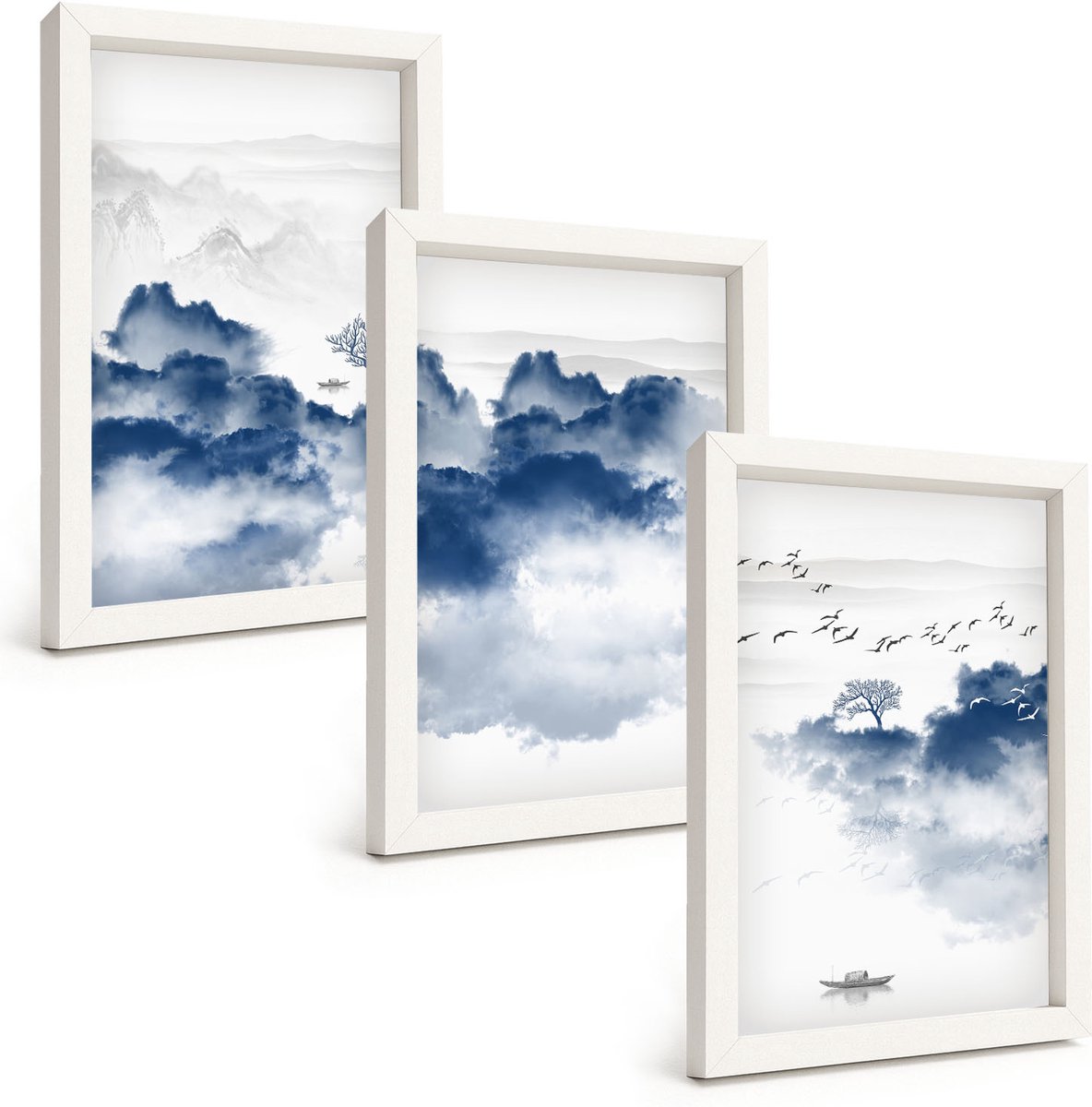 Wallfluent 3-Delige Schilderij Set - Wolkengebergte Met Bomen En Vogels Op De Achtergrond - 20 x 30 - Stijlvolle Wanddecoratie - Interieur - Interieur Decoratie