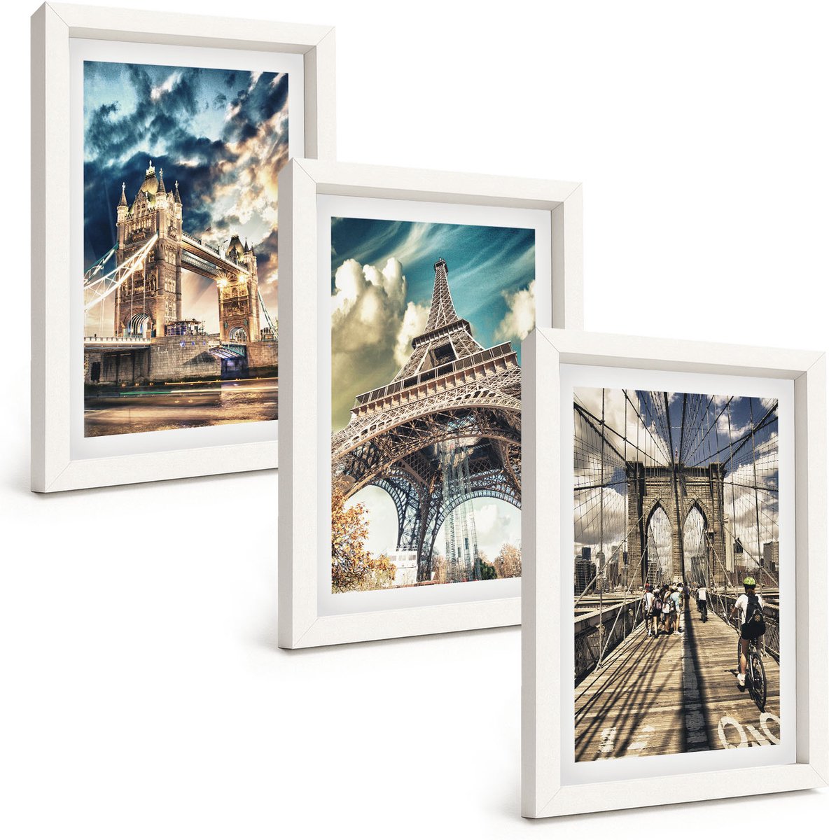 Wallfluent 3-Delige Schilderij Set - Bruggen En Torens In Europese Steden - 20 x 30 - Muurdecoratie - Wanddecoratie - Slaapkamer - Interieur Decoratie