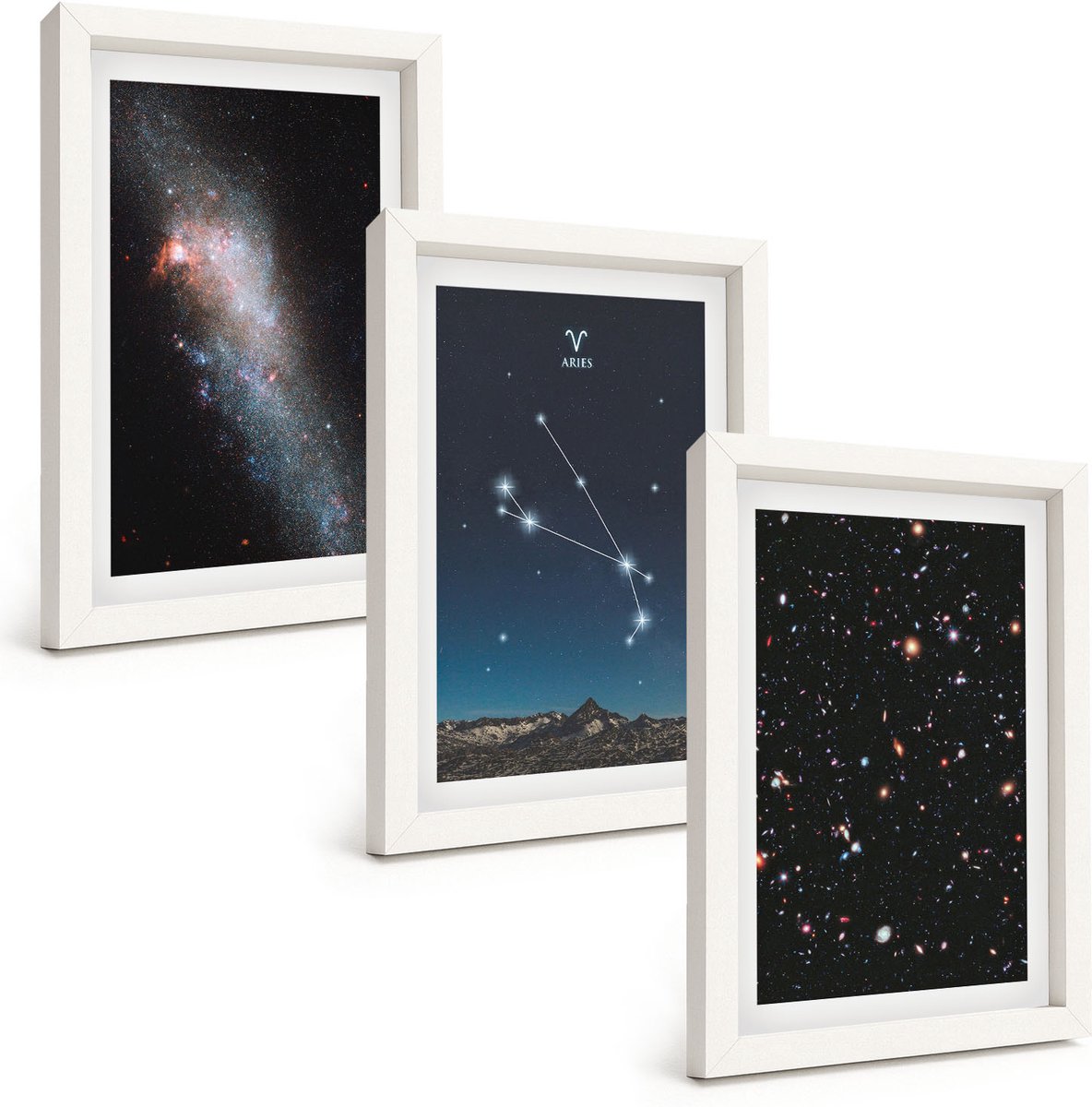 Wallfluent 3-Delige Schilderij Set - Kosmische Landschappen Van Sterrenstelsels En Dierenriemconstellaties Ram - 20 x 30 - Wanddecoratie - Moderne Interieurdecoratie - Decoratieve Schilderijen