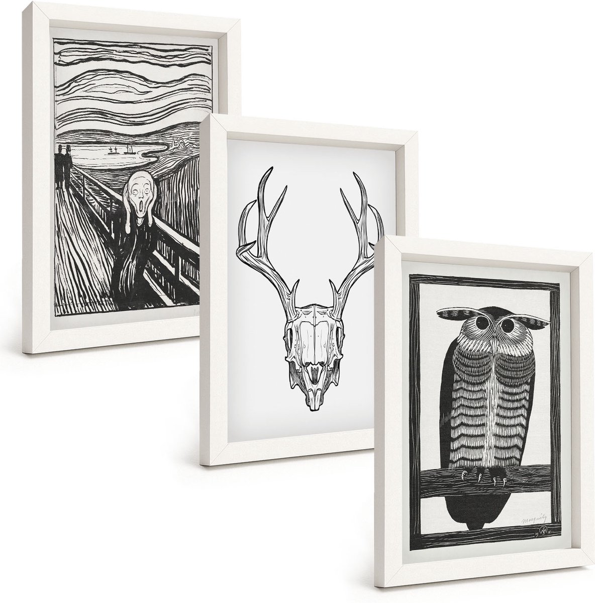 Wallfluent 3-Delige Schilderij Set - Inspiratiebeeld: Schreeuw Met Schedel En Uil In Grafische Stijl - 20 x 30 - Wanddecoratie - Schilderijen Set - Kantoor - Interieur Decoratie