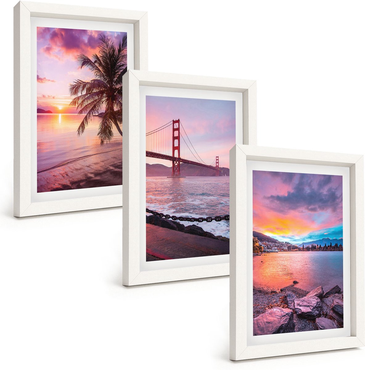 Wallfluent 3-Delige Schilderij Set - Zonsondergangen Boven De Brug En Het Waterlandschap - 20 x 30 - Wanddecoratie - Schilderijen Set - Interieur - Stijlvolle Muurdecoratie