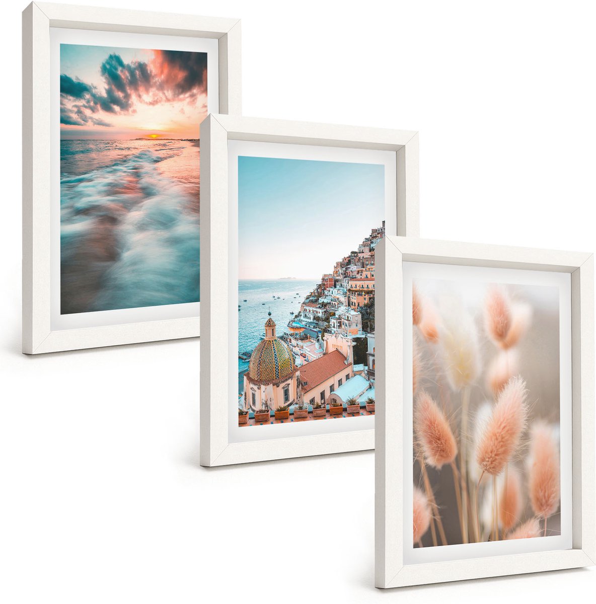 Wallfluent 3-Delige Schilderij Set - Uitzicht Op Zee, Zonsondergang, Kleurrijke Huizen, Bloemen - 20 x 30 - Decoratieve Muurdecoratie - Slaapkamer - Moderne Wanddecoratie