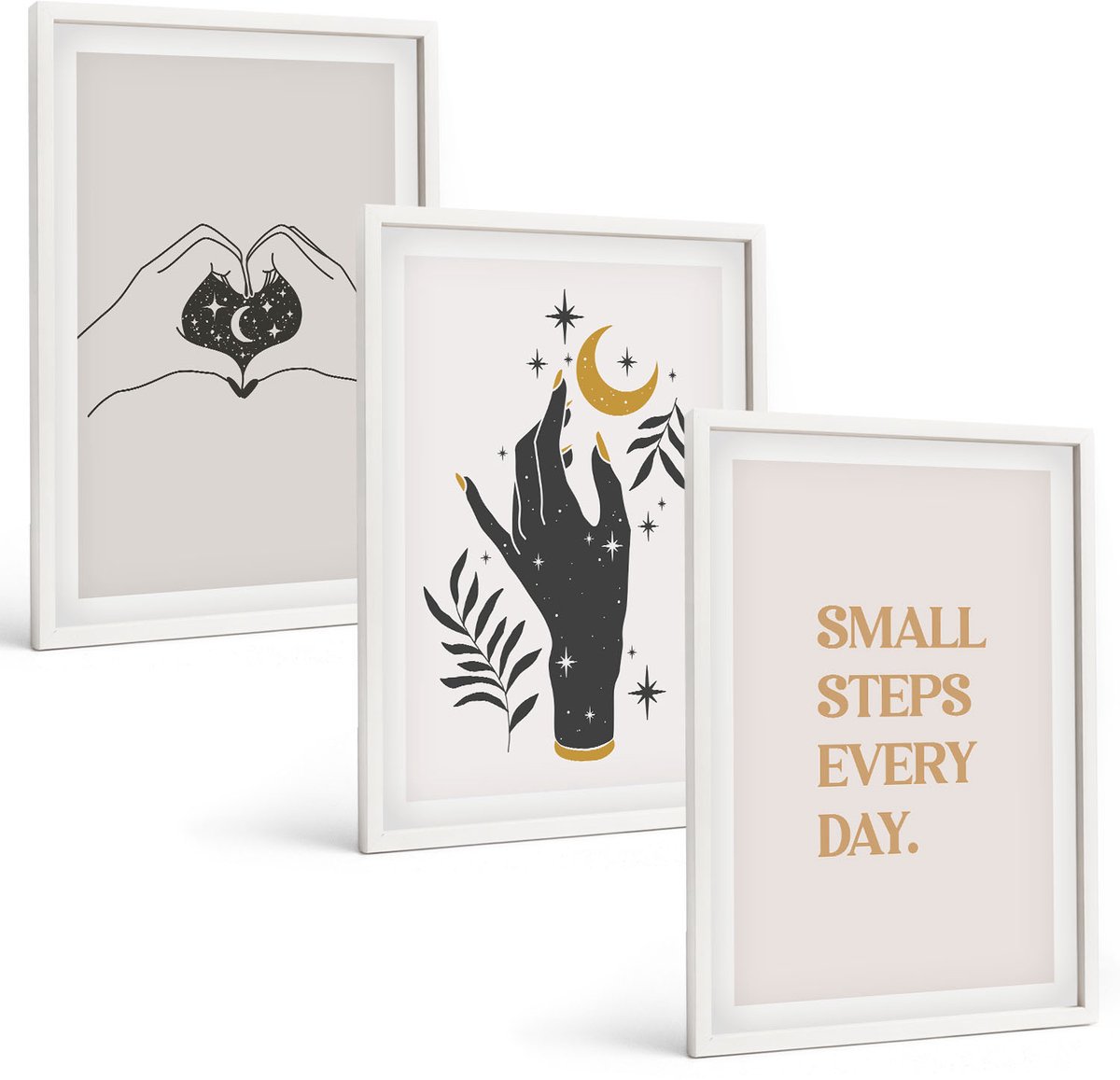 Wallfluent 3-Delige Schilderij Set - Minimalistische Illustraties Die Boho-Tekst Inspireren - 40 x 60 - Muurdecoratie - Wanddecoratie - Hal