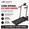 Zwarte AJ-Sports loopband met multifunctioneel display, app-ondersteuning en extra grote tablethouder.