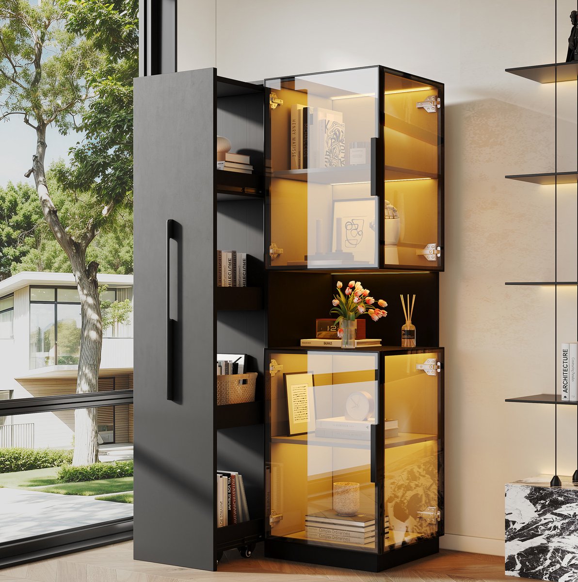 REDOM - Vitrinekast - Dubbeldzijdige glazen display - Uitneembare zijplanken - LED-verlichting - Voor woonkamer, eetkamer en keuken - MDF en glas - Zwart - 70 x 38 x 160 cm