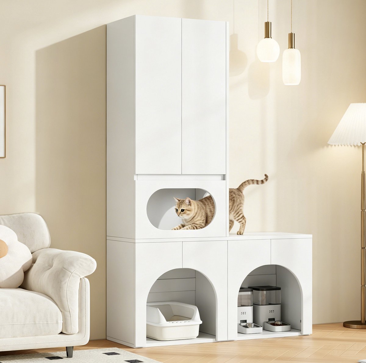REDOM - Kattenbakcontainer - Voor 2 kattenbakken - Gesloten hoge kast met opbergruimte - Geïntegreerde rustzone - Moderne stijl - Voor katten en honden - MDF - Wit - 140 x 45 x 195 cm