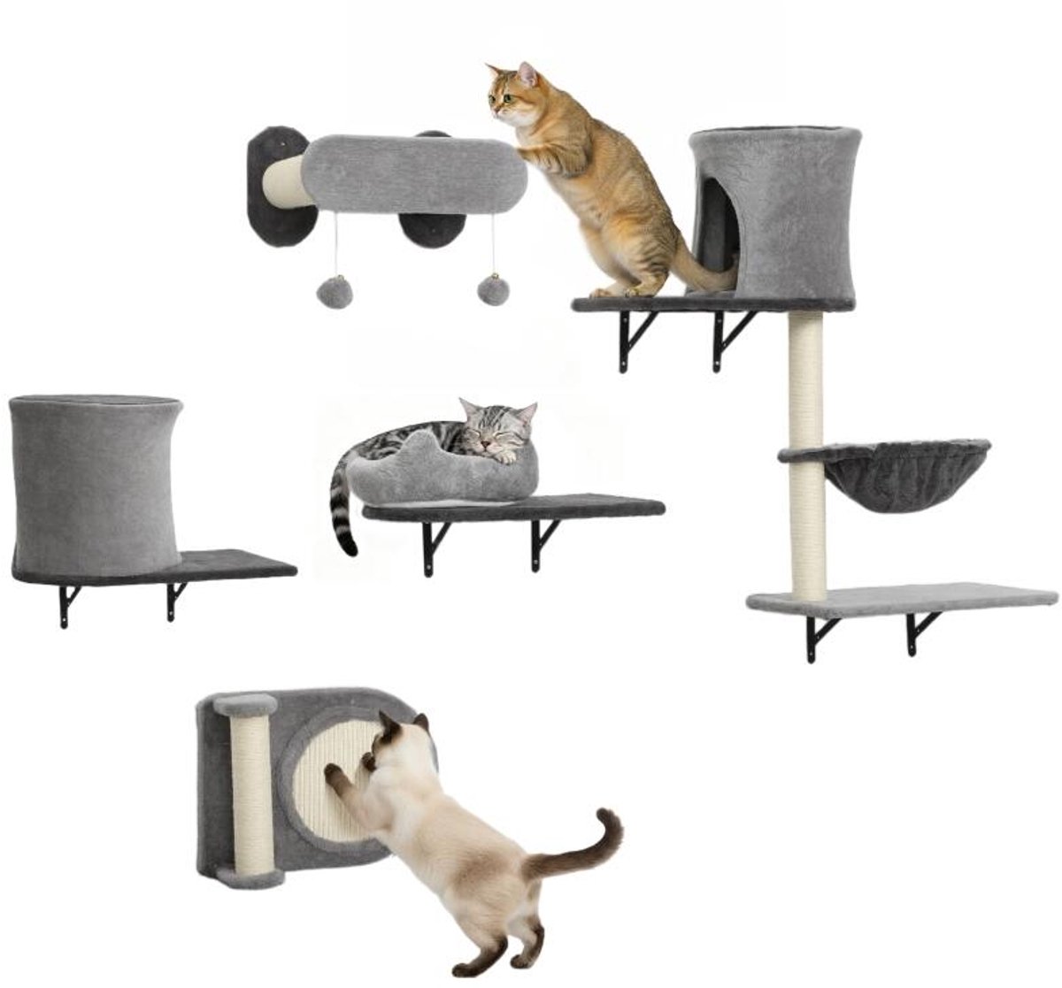 Wandplanken voor katten, 5-delige wandkrabpaal met 2 opbergvakken, hangmat, platformen en sisal krabpalen in grijs