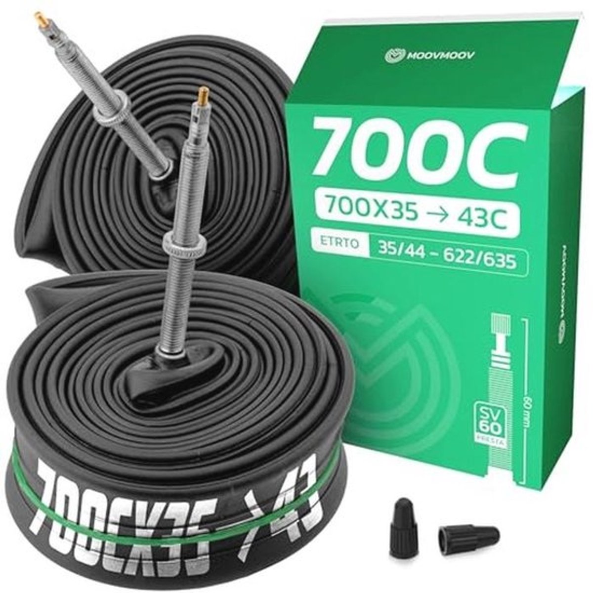 MOOVMOOV Binnenband 700 - Voor banden 700x35C, 700x36C, 700x37C, 700x38C, 700x40C, 700x42C en 700x43C - ETRTO 35-622 tot 44-622 - Presta ventiel 60 mm - Set van 2 - Racefiets en gravelbike