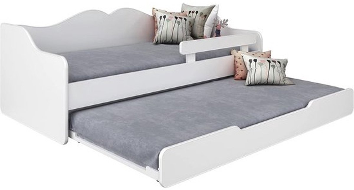Kinderbed Tweepersoonsbed Met Lattenbodem en Matrassen - Uittrekbaar en Opklapbaar - Wit 160x70cm