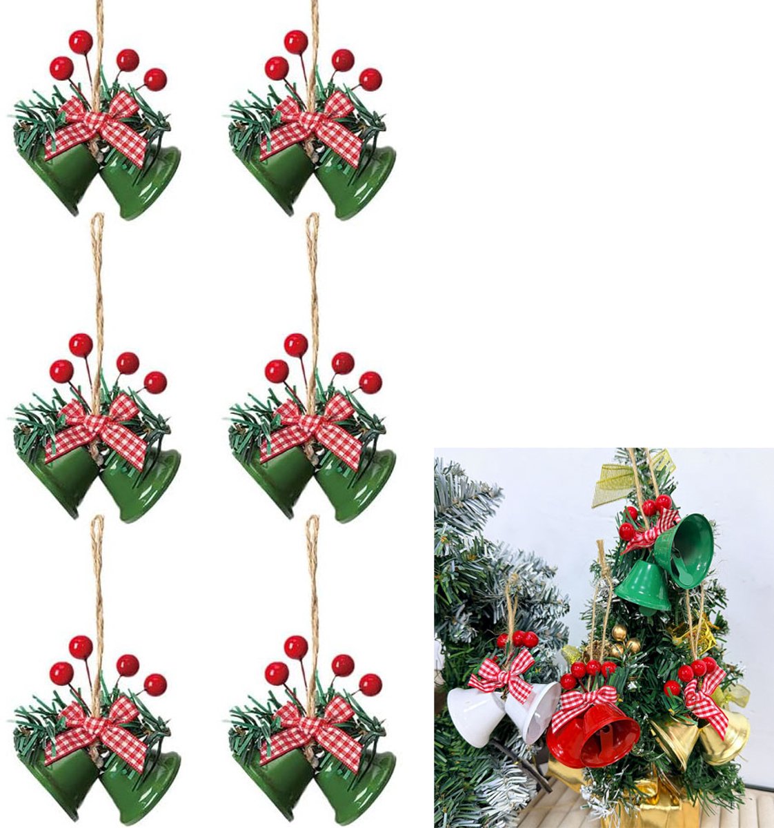 6-stuks Beldecoraties - Kerstbellen - Dubbel beldesign - Kerstboombeldecoraties - Geschikt voor kerstbomen, ramen, terrassen en geveldecoraties - Groen