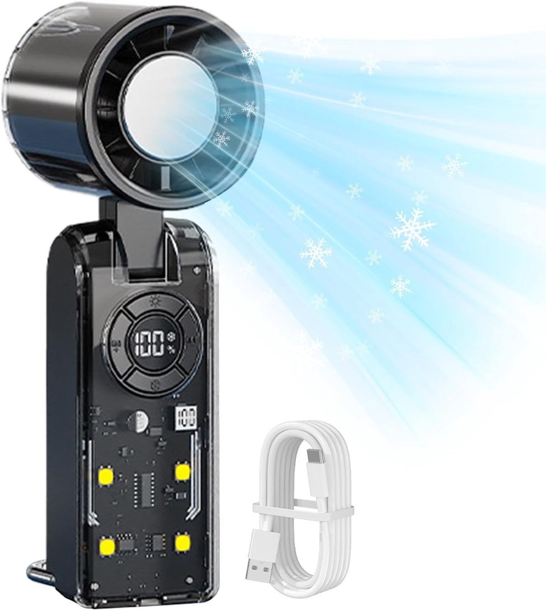 LED digitaal display - 3-in-1 opvouwbare ventilator - Ideaal voor op reis - Kamperen - Buiten - Kantoor - Handventilator met ijskoeling - Draagbare turboventilator met ijskoeler - 100 windsnelheden - Oplaadbaar, inklapbaar en ophangbaar - Zwart