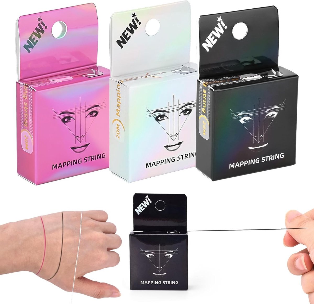 3 Stuks 20M Vooraf Inkt Eyebrow Mapping Draad voor Microblading en Waxen - Witte, Zwarte en Roze Brow Marker