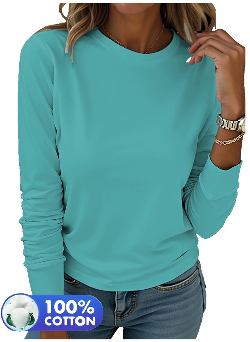 Currero Longsleeve Dames Oversized Lange Mouwen Shirt Roundneck Vrouwen Kleding T-Shirt Meerblauw