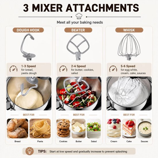 Homezo Blender - Keukenmixer - Keukenmachine - Mengkom 6,5 l - 1500W - 6 Snelheidsstanden - Deeghaak - Menghaak - Garde - Timer van Homezo — afbeelding 5