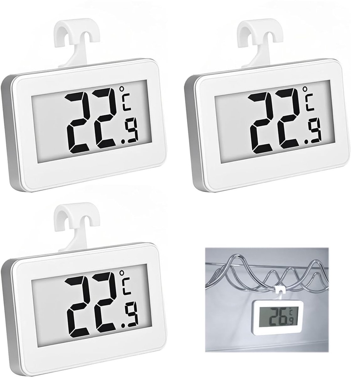 Digitale Thermometer voor Koelkast en Vriezer - 3 Stuks LCD Mini Thermometers met Haak en Duidelijk Display voor Keuken - Temperatuur Bereik van -20°C tot 50°C