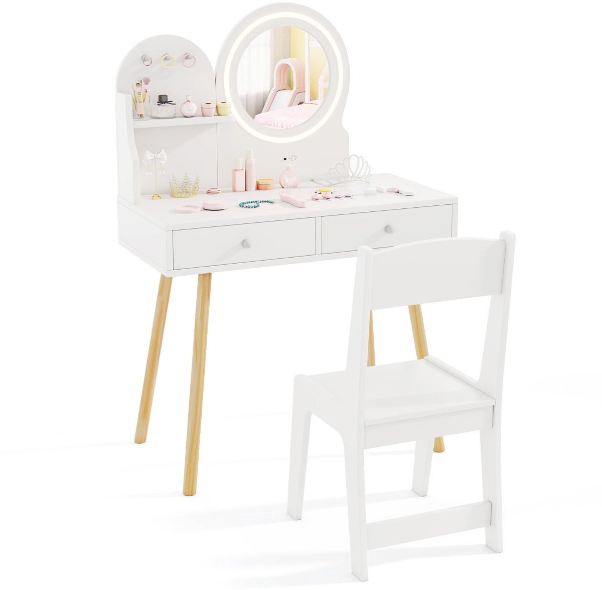 SureDeal® - Kaptafel - Kinderkaptafelset - Verlichte Spiegel Make - Stoelset Open Plank - Lades Houten Kaptafel - 70x34x101 cm - Wit