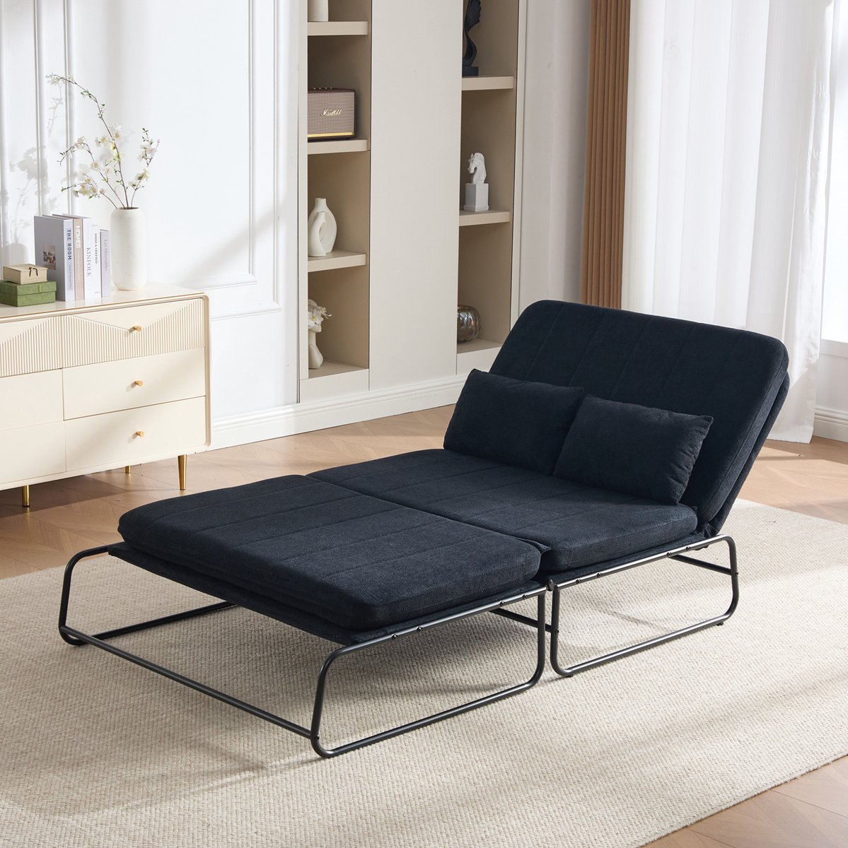 MODENUIT Slaapbank 104 x 85 x 92 cm - Uitklapbaar 2-Zits Zijvakken - Woonkamer En Kantoor - Chenille Zwart