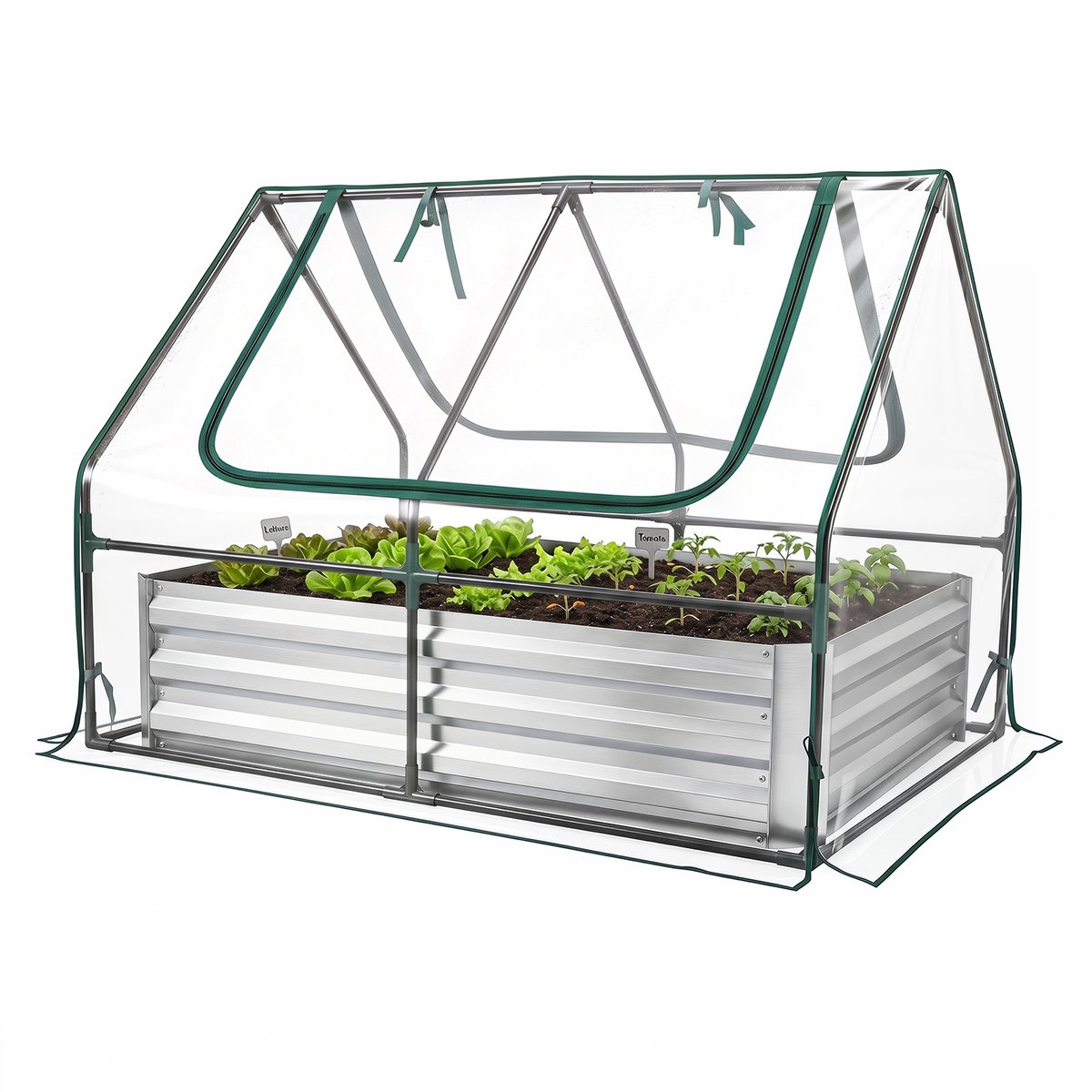 SureDeal® - Plantenbak - Hoge Bed - Kas Plantenbak Verzinkt - Oprolbare Ramen - Rits - 127x97x93 cm - Zilver