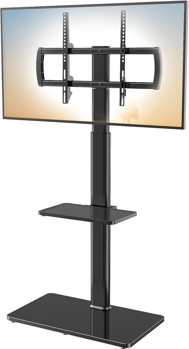 Verstelbare Vloer TV Stand met 80 Graden Draaihoek en Ruimtebesparend Ontwerp voor 27 tot 65 Inch LCD, LED en OLED Televisies met 2 Planken, Ideaal voor Hoekopstellingen