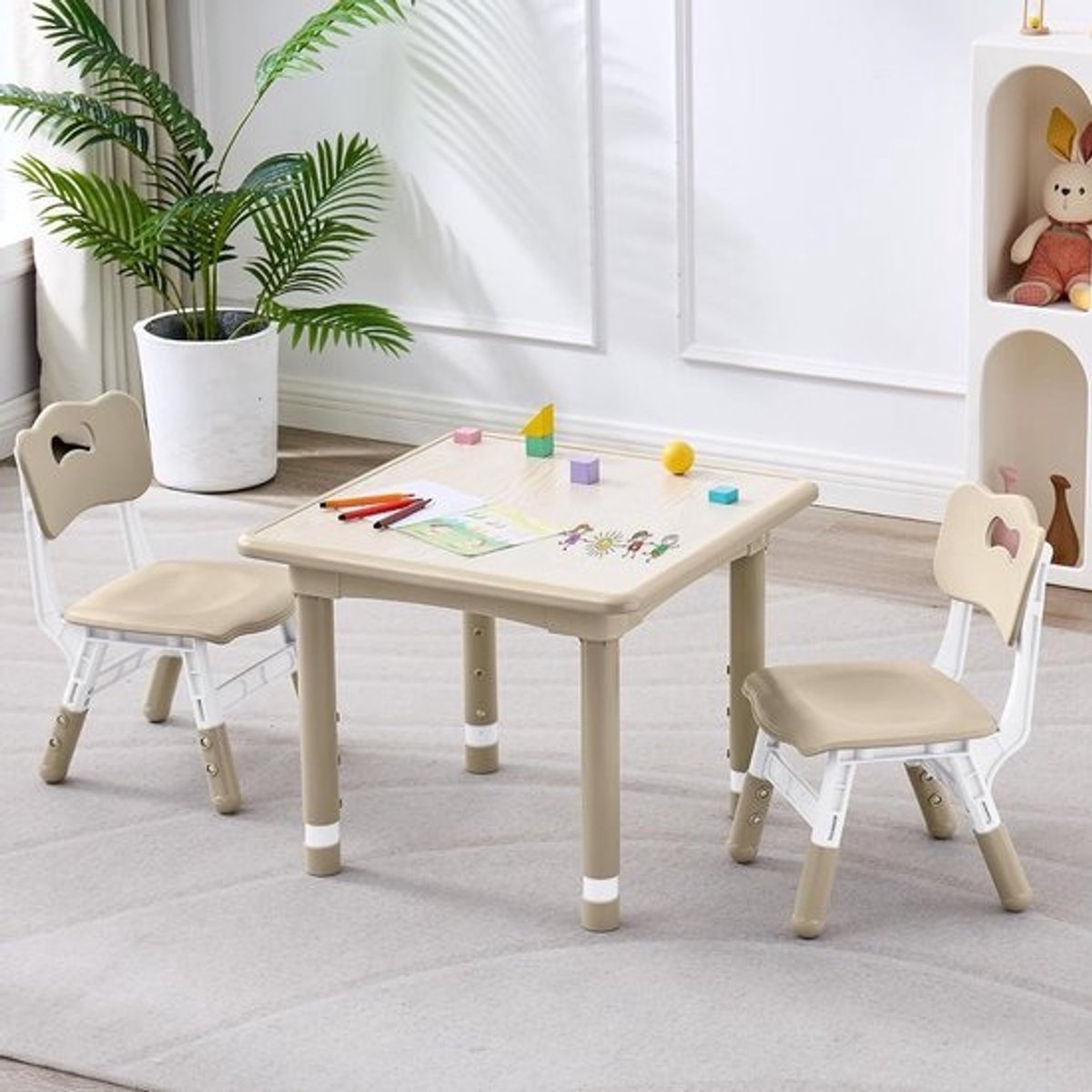 Kindertafel met stoelen - Peutertafel set - Creatief spelen - In hoogte verstelbaar - 45-66 cm - Natuurlijk wit