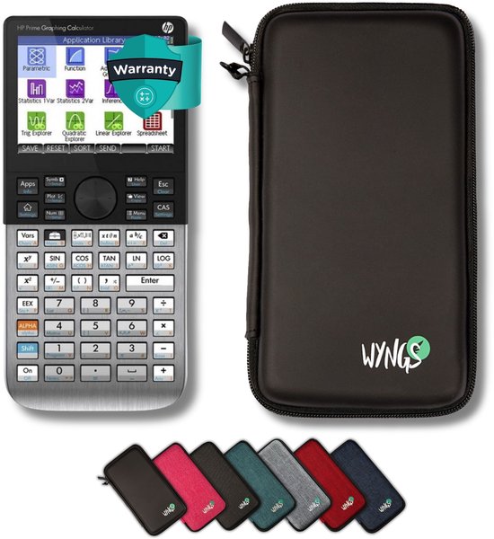 HP Prime G2 grafische rekenmachine met zwart "WYNGS" etui en zes gekleurde etuis.