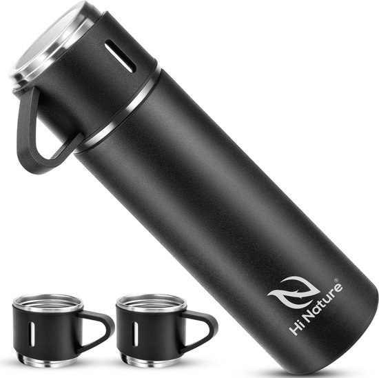 HI NATURE™ Thermoskannen - Thermosfles met 3 bekers - Thermosbeker 500 ml - 100% RVS Isoleerfles - Waterflessen - Dubbelwandig - Lekvrij - Geschikt voor warme en koude dranken o.a. Thee & Koffie - Koffiebeker - Zwart