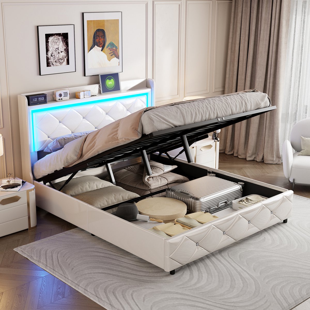 Opbergbed 140x190 cm met hydraulische opbergruimte, tweepersoonsbed met led- en usb-poorten, bed met lattenbodem en gestoffeerd hoofdbord, bedframe 140x190 cm, wit PU