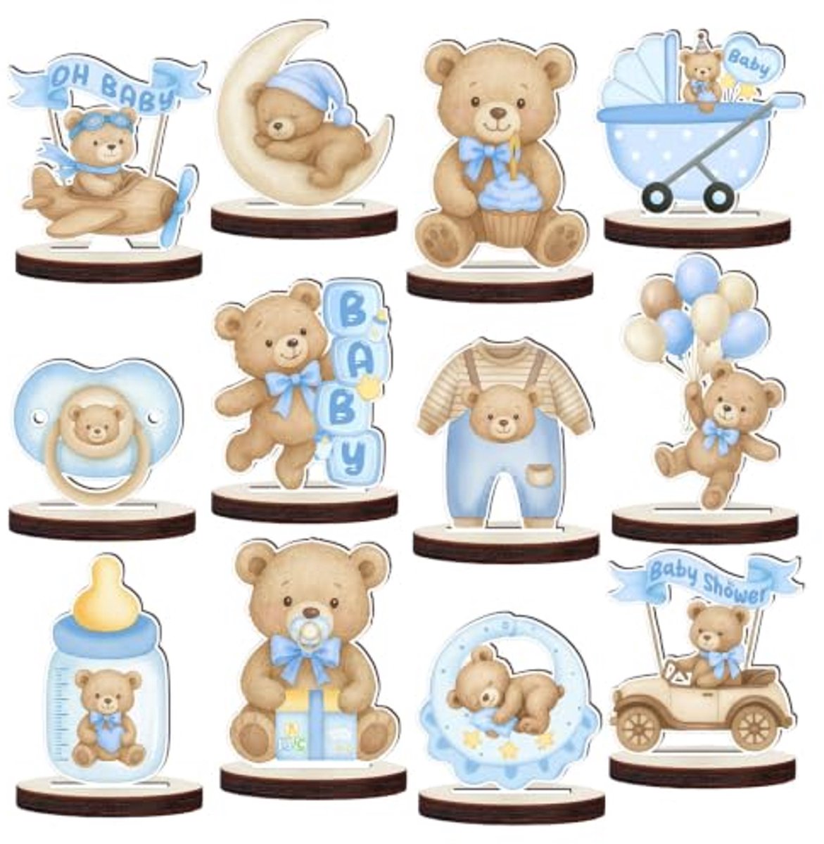 12 stuks houten tafeldecoratie, Babyshower decoratie jongen, Oh Baby decoratie, doop tafelversiering, decoratie voor babyshower feesten